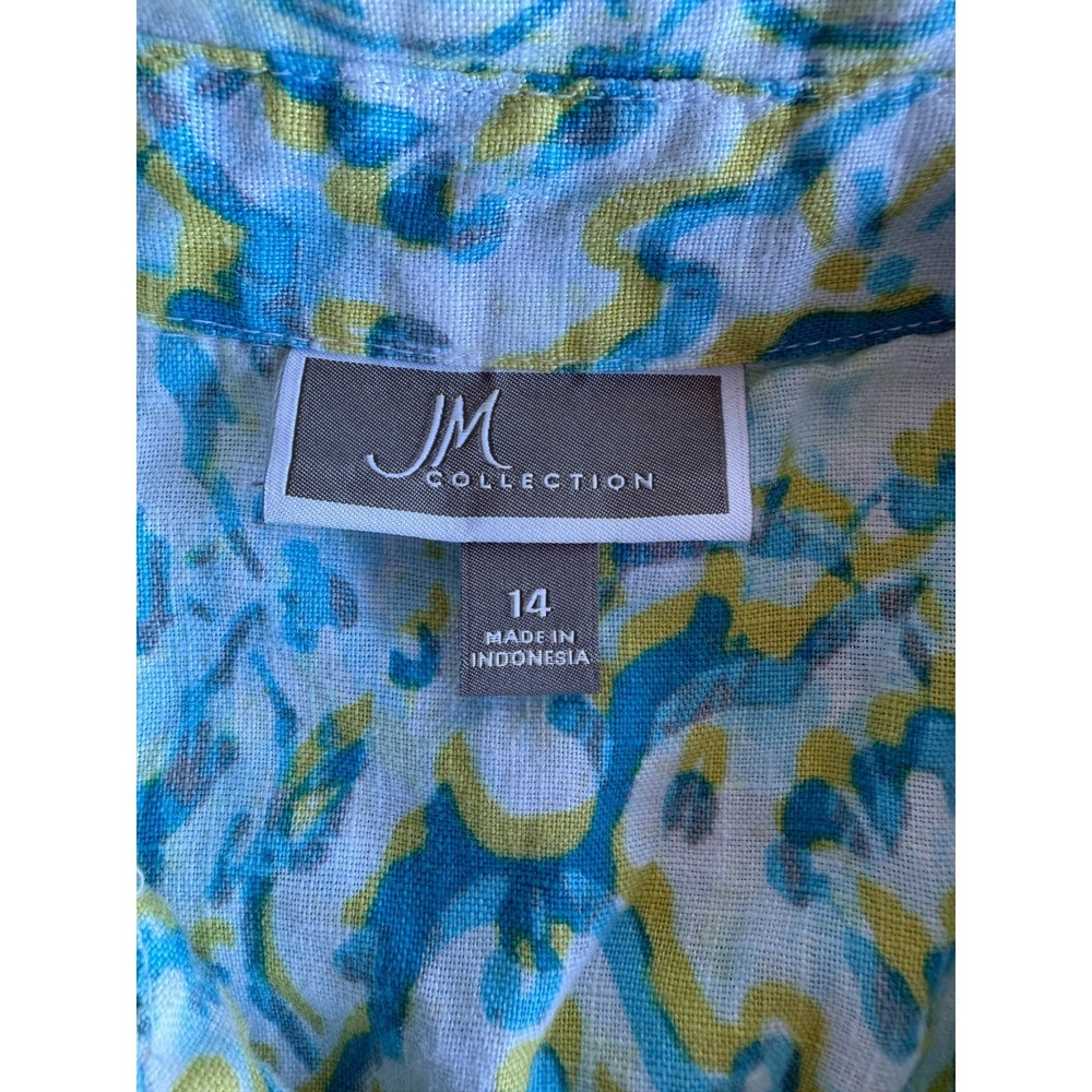 JM Collection Linen Button Up Womens Size 14 Blue Yellow Paisley Floral Coastal - Picture 8 of 11
